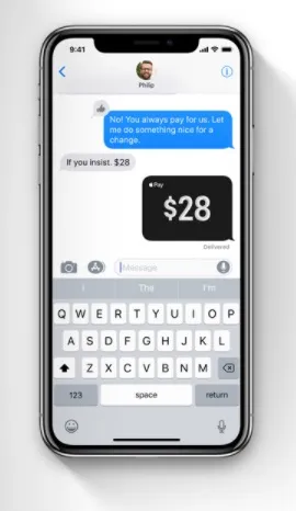 iPhone X showing iMessage with Apple Pay Cash